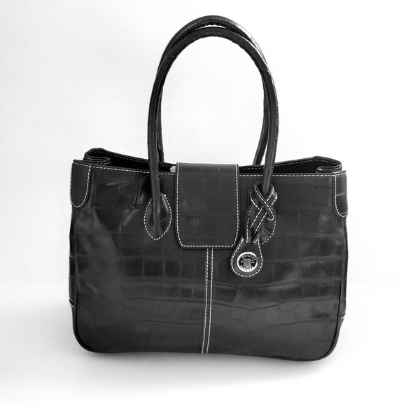 RARE FIND * VINTAGE DOONEY & BOURKE Handbag Croc Black Leather LIKE NEW Retro - Picture 1 of 14